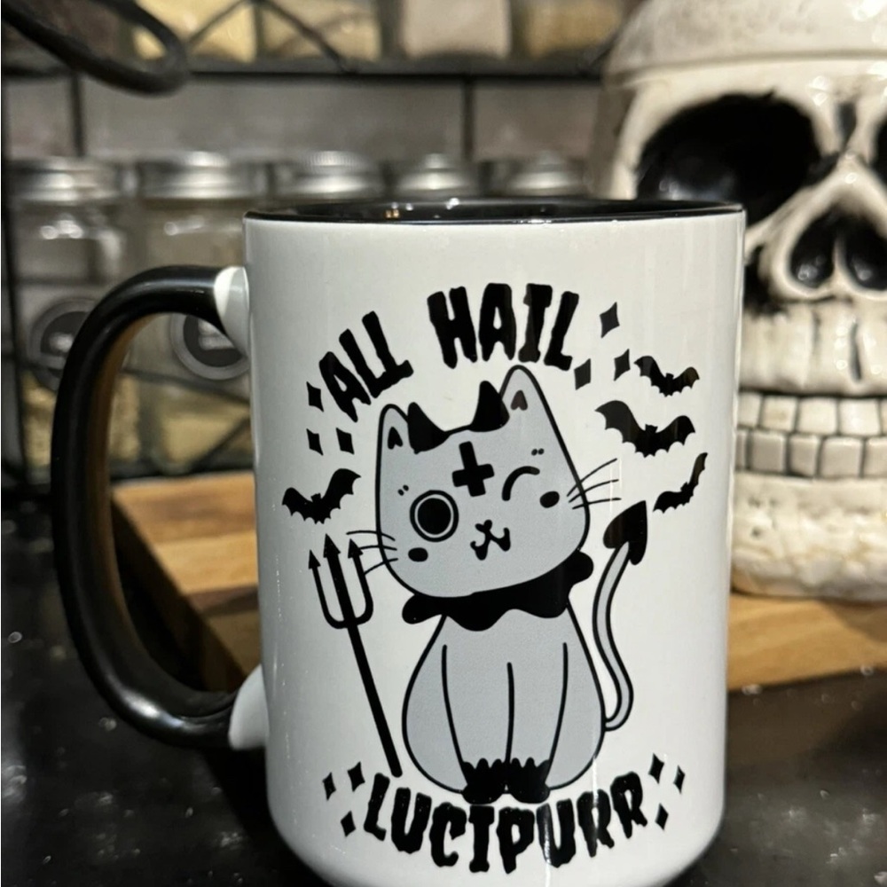 Lucipurr Black and White Cat Mug, goth kitchen decor, Halloween mug. Handmade
